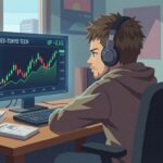 自宅でパソコンで株式チャートを見て検討している個人投資家。