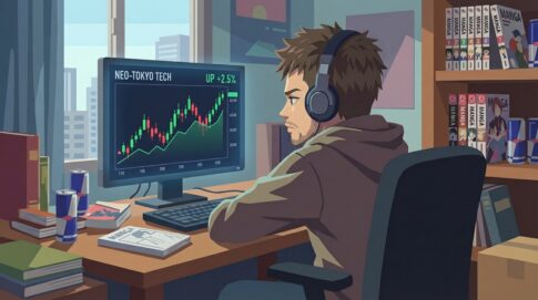 自宅でパソコンで株式チャートを見て検討している個人投資家。