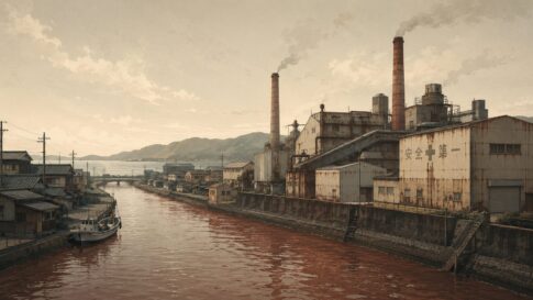 枕崎市のかつお節工場と河川を描いたイメージ図。25年以上続く未処理排水問題を象徴する寂寥とした風景。