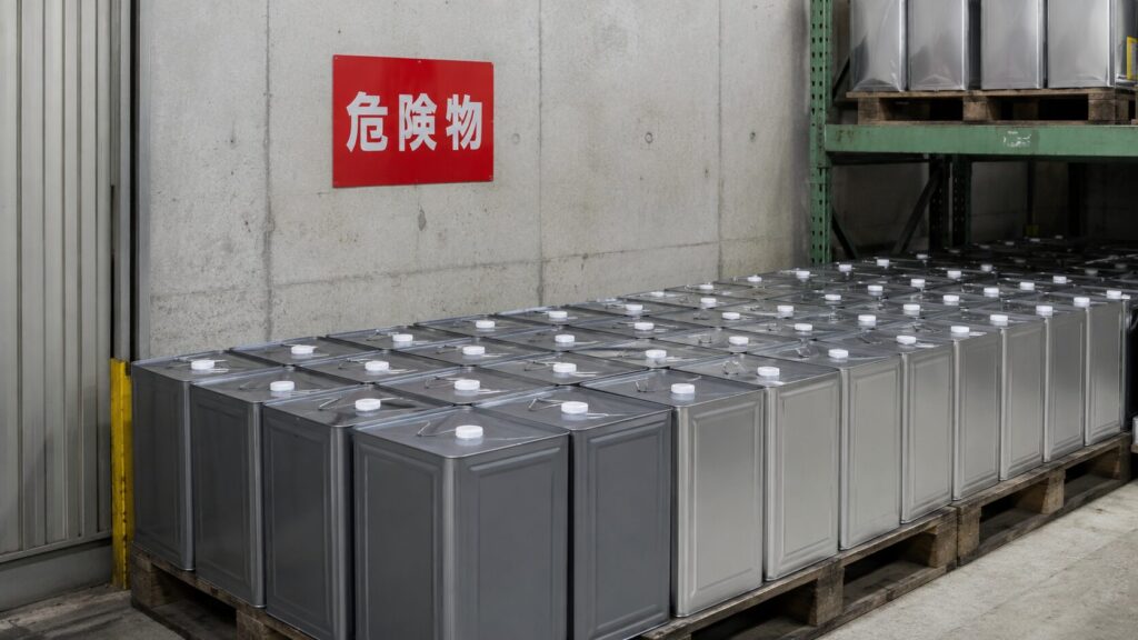 危険物倉庫に並ぶシンナーの一斗缶。消防法第4類第1石油類に指定され、保管量に厳格な上限がある。