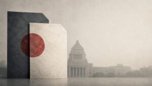 日本の国会議事堂のシルエットを背景に、二つの法案文書が重なる概念図。国旗損壊罪と国家情報会議設置法案の同時審議を象徴する編集イラスト。