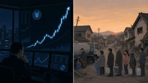 急上昇する円相場のチャートと、断水が続く地震被災地を左右に対比させたイラスト。市場対応を優先し被災地への財政措置を後回しにする政権の姿勢を象徴する。