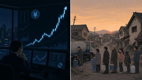 急上昇する円相場のチャートと、断水が続く地震被災地を左右に対比させたイラスト。市場対応を優先し被災地への財政措置を後回しにする政権の姿勢を象徴する。